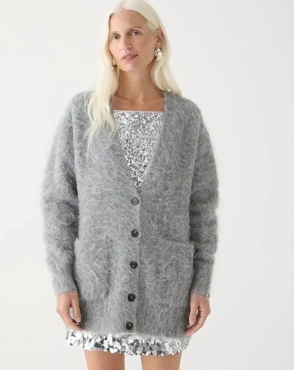 J. CREW Relaxed V Neck Cardigan Sweater Ash Gray Brushed Yarn Women's 2XS